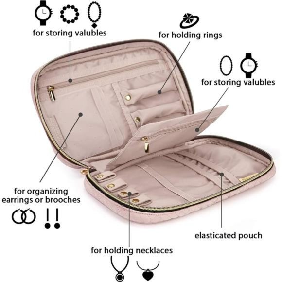 Jewelry Organizer Case Travel Jewelry Storage Bag for Jewelery, Soft Pink - Picture 3 of 7